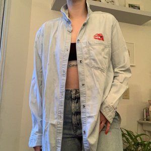 Oversized Denim Button with Embroidered Lobster